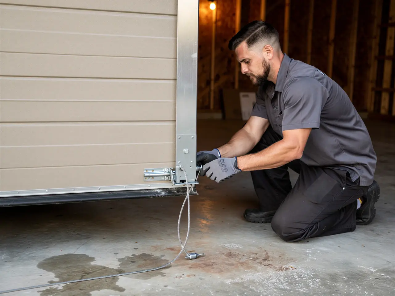 A technician kneels, adjusting a beige garage door's bottom bracket and cable.