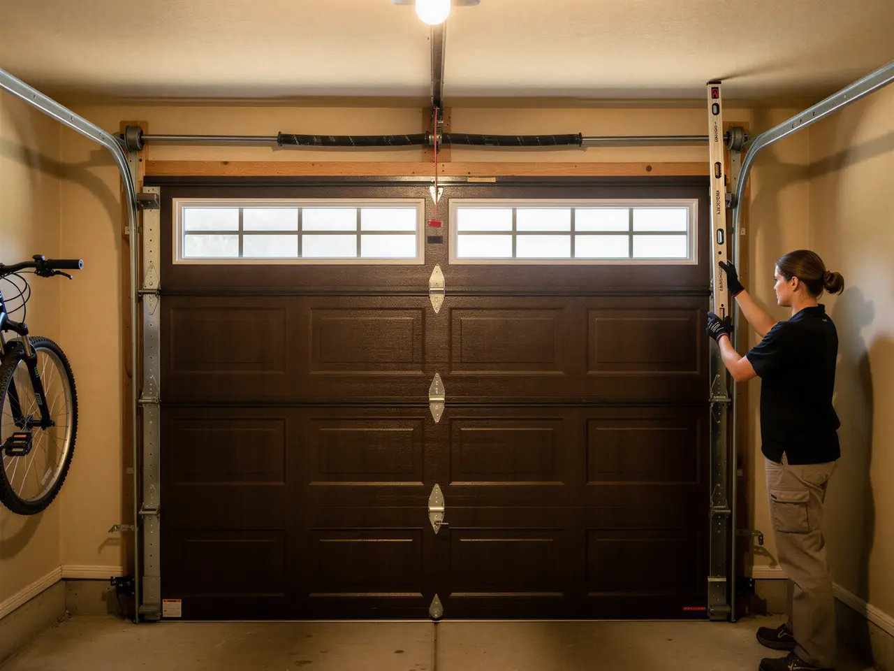 A technician uses a level to adjust the brown garage door track.