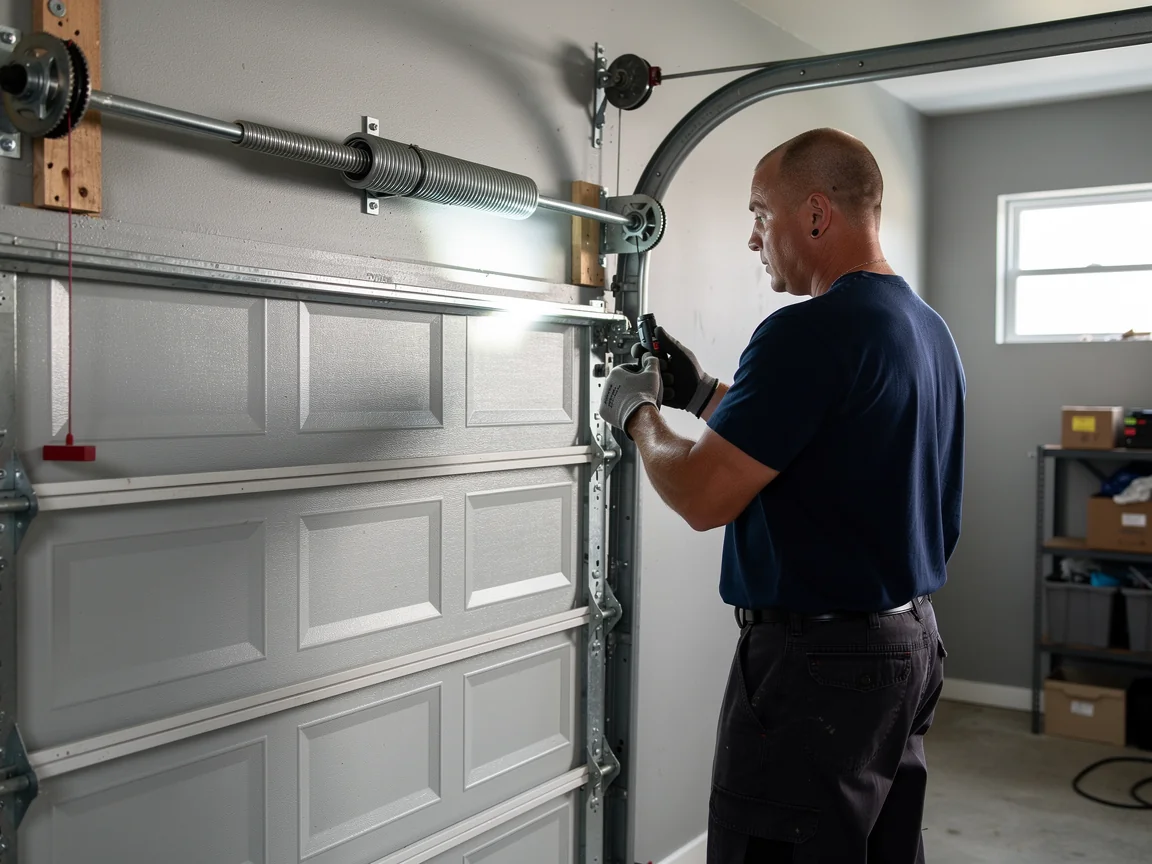 A technician in a blue shirt is working on a white garage door.