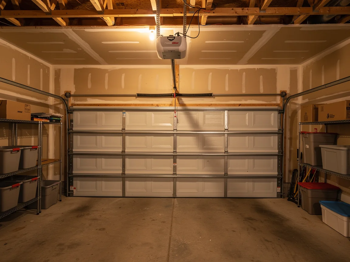 A white garage door is closed in a garage with shelves on both sides.