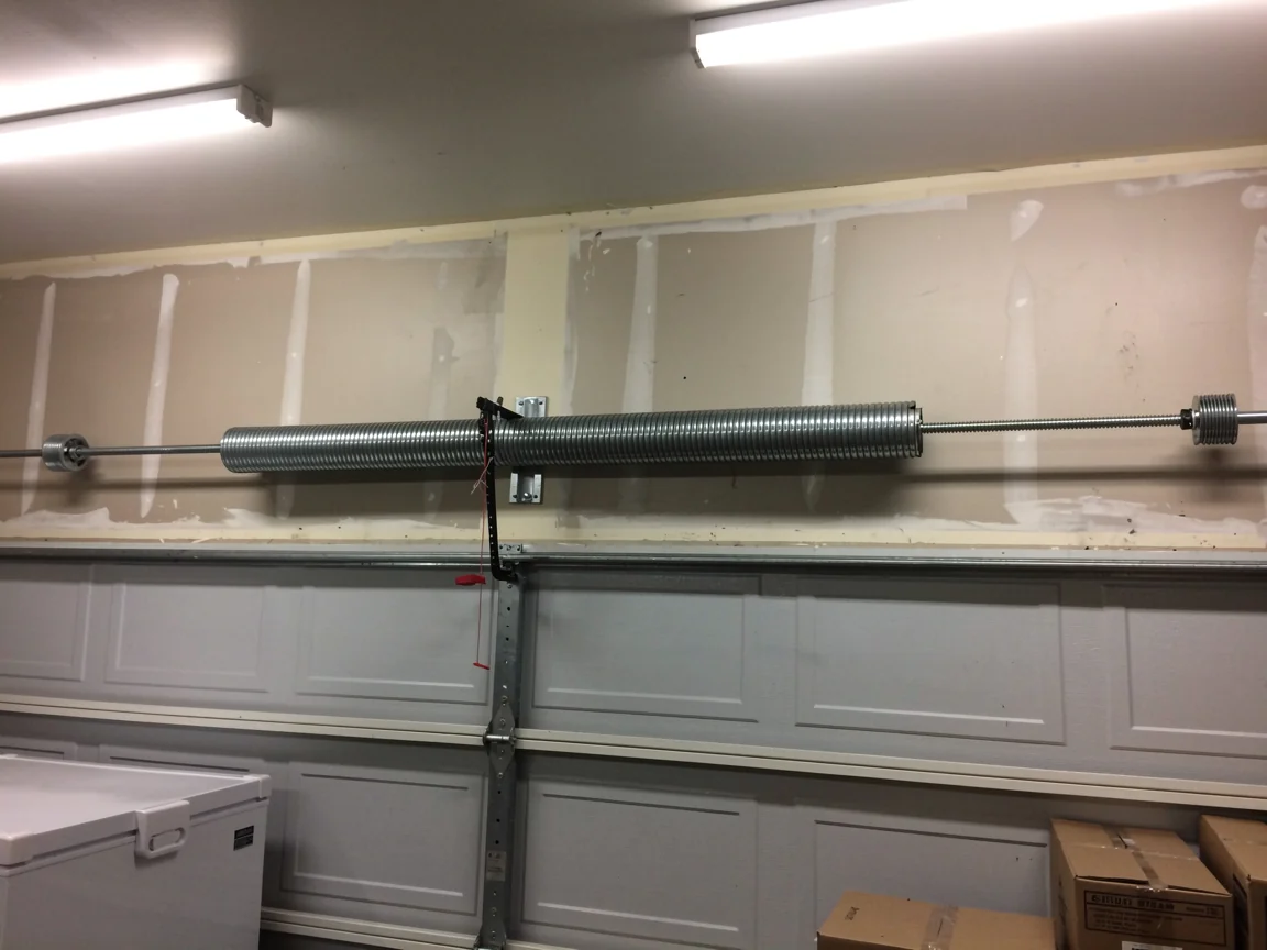 A new torsion spring is installed above a white garage door.