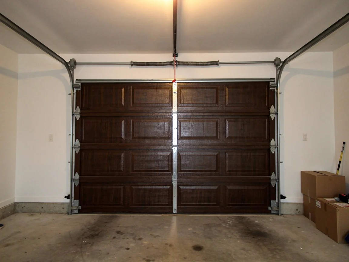 The dark brown garage door is closed, with a torsion spring above it.